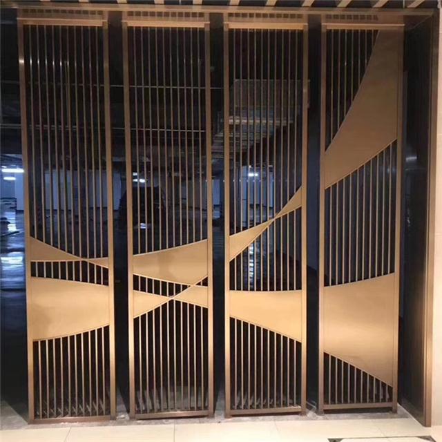 簡約現(xiàn)代玄關(guān)客廳玫瑰金鏤空雕花金屬隔斷裝飾定制